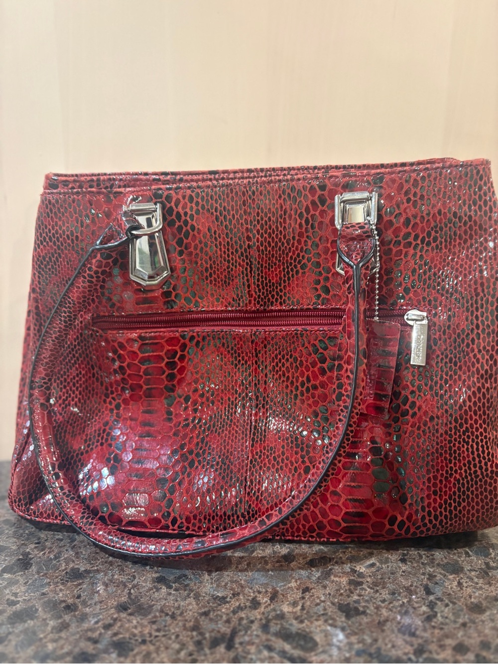 Danier Red Snake-Print Patent Leather Shoulder Bag - Picture 2 of 5